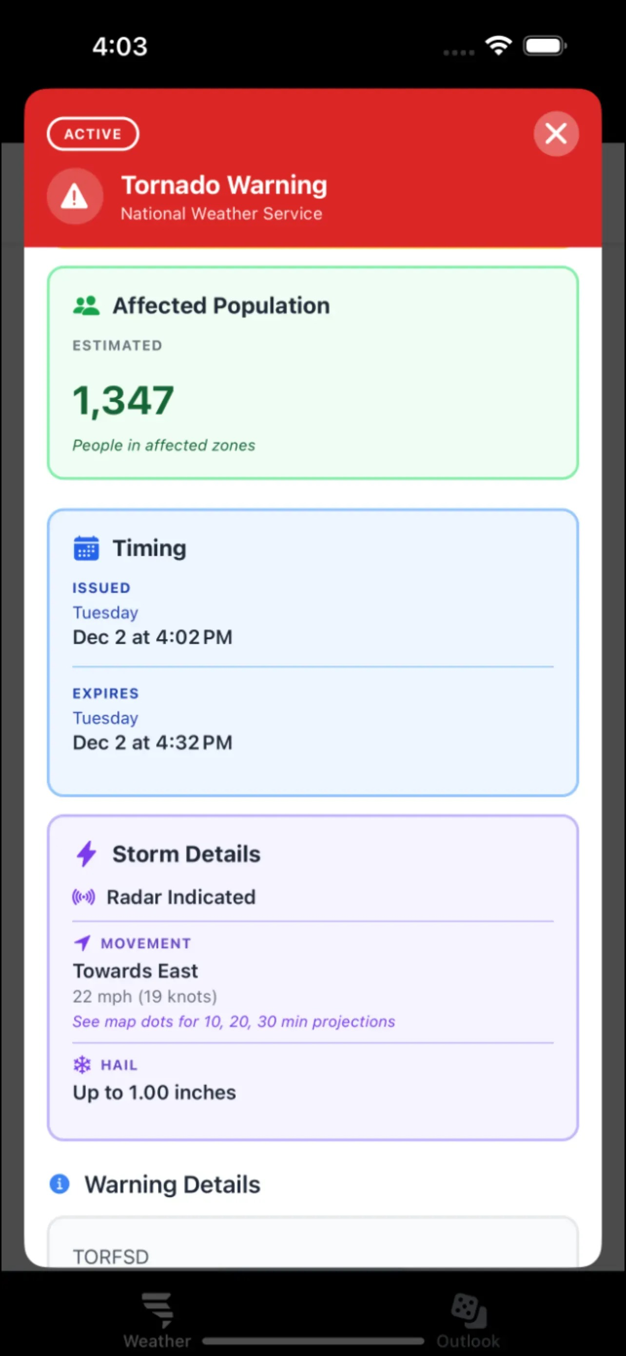 Tornado Warning Details - Detailed information about active warnings
