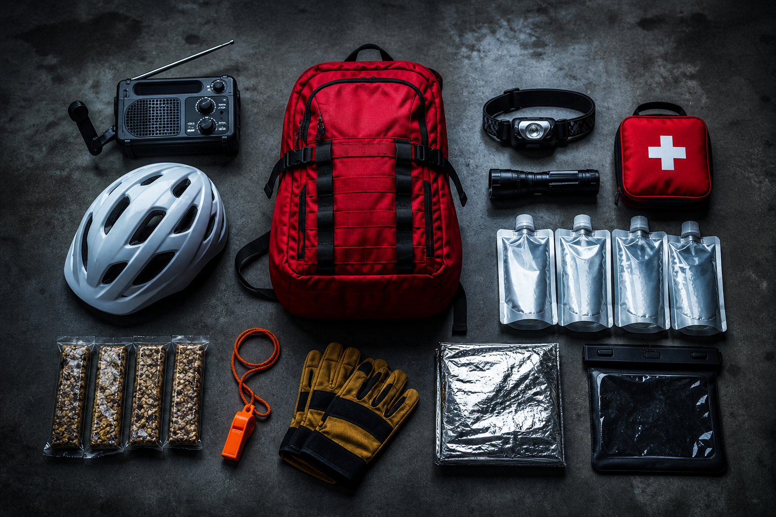Tornado emergency kit supplies laid out: red backpack, NOAA weather radio, helmet, headlamp, first aid kit, water pouches, whistle, gloves, and emergency blanket